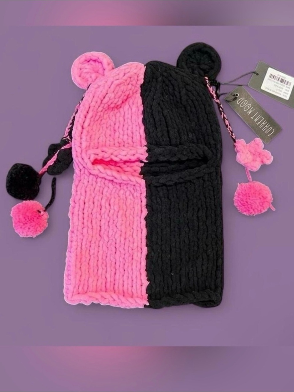 Dolls Kill Two-Tone Pink & Black Knit Balaclava with Pom Poms